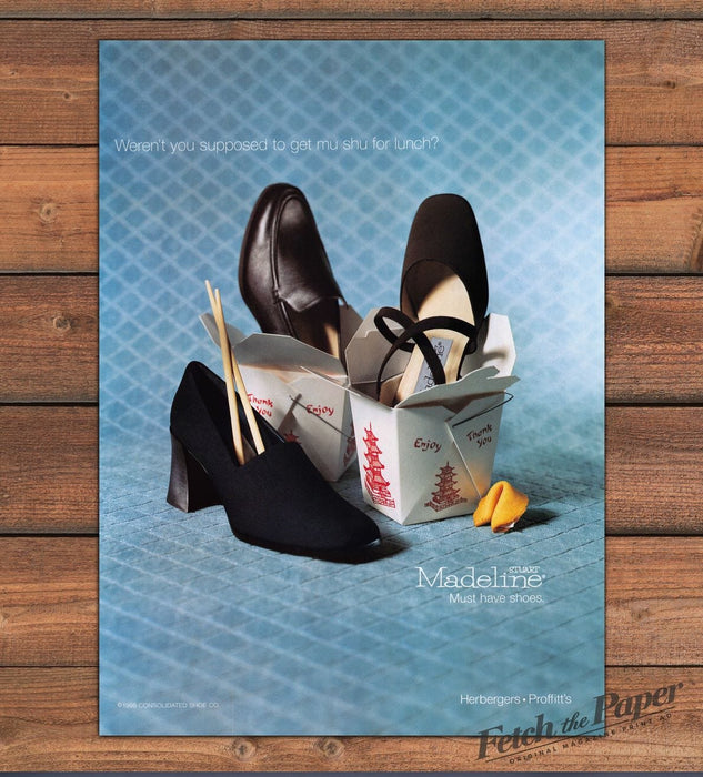 Madeline Stuart Shoes Chinese Takeout Box "Mu Shu For Lunch" Print Ad 1998 1990s