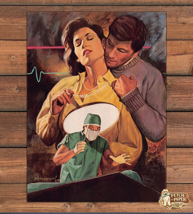 Magazine Illustration Painted Couple Embrace Surgeon Heart Monitor 1988 1980s