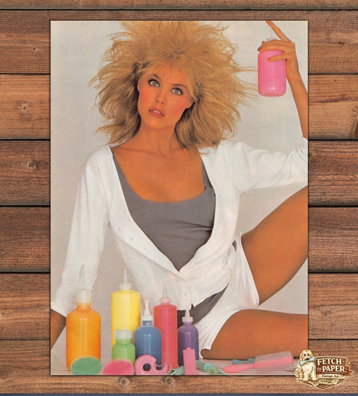 Magazine Photo Big Hair Blonde Woman Colorful Hair Gel Bottles Spray 1983 1980s
