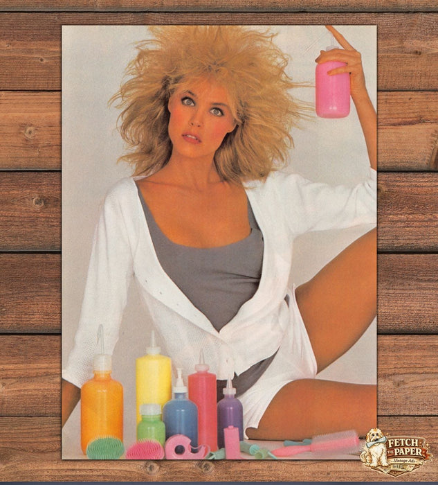 Magazine Photo Big Hair Blonde Woman Colorful Hair Gel Bottles Spray 1983 1980s