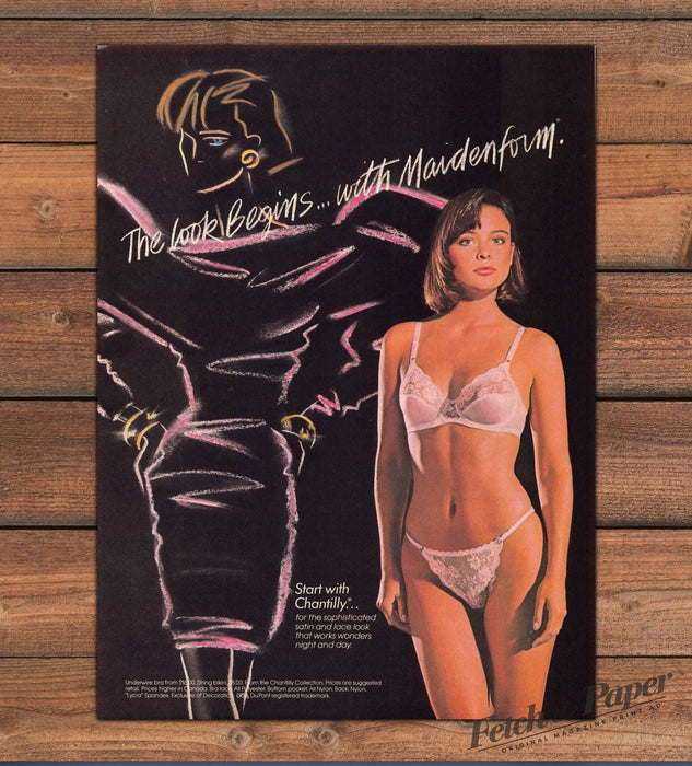 Maidenform Chantilly Lace Bra String Bikini Brunette Print Ad 1987 1980s