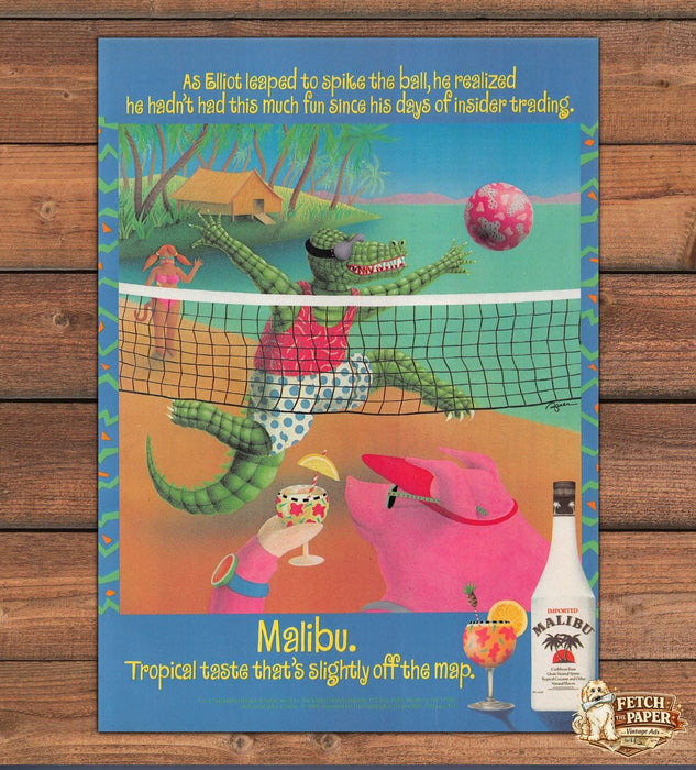 Malibu Rum Alligator Volleyball Tropical Cartoon Beach Print Ad 1991 1990s