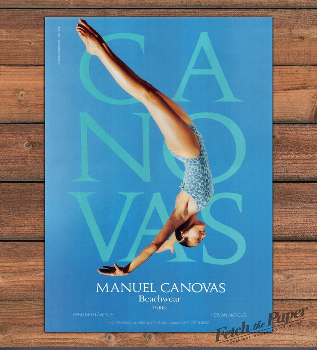 Manuel Canovas Beachwear Paris Diver in Leopard Swimsuit Print Ad 1998 1990s