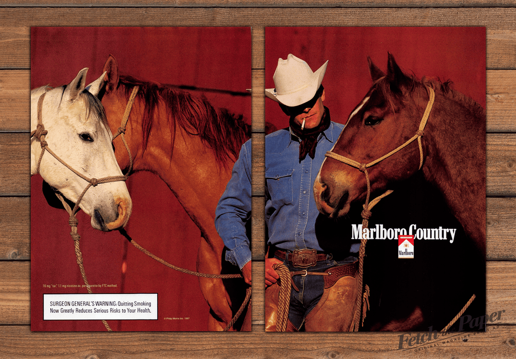 Marlboro Country Cowboy With Horses Cigarette Print Ad 1998 1990s (2pgs)