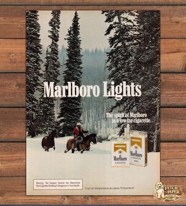 Marlboro Lights Cigarettes 1980s Print Advertisement Ad 1982 Snow Cowboy Horses