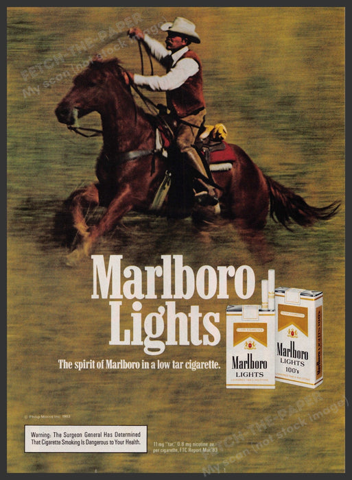 Marlboro Lights Cigarettes 1980s Print Advertisement Ad 1983 Running Horse Rope Fetch the Paper!