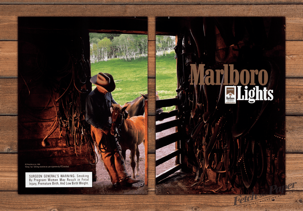 Marlboro Lights Cowboy Barn Horse Foal Western Scene Print Ad 1998 1990s (2pgs)