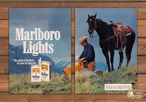Marlboro Lights Cowboy Hat Horse Mountain Ridge Print Ad 1983 1980s (2pgs)