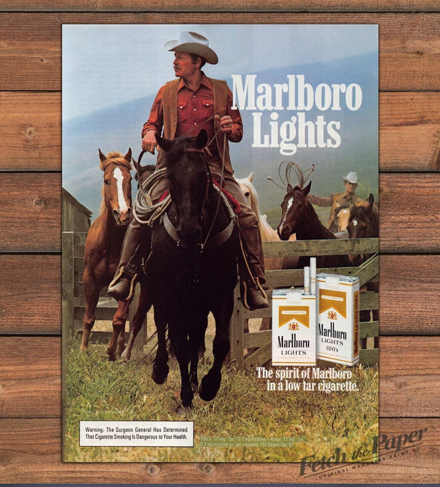 Marlboro Lights Cowboy Horseback Cattle Ranch Corral Roundup Print Ad 1983 1980s