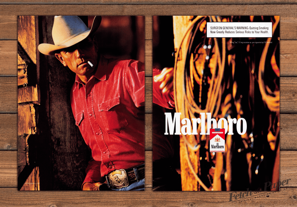Marlboro Man Cowboy Red Shirt Hat Cigarette Ropes Print Ad 1997 1990s (2pgs)