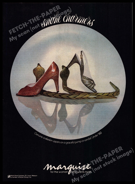 Marquise Snake Charmers Genuine Snakeskin Heels 1980s Magazine Print Ad 1981