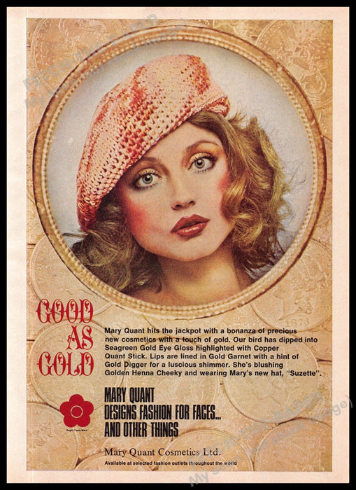 Mary Quant Cosmetics 1970s Magazine Print Ad 1975 "Good as gold" Suzette Hat Mary Quant Cosmetics