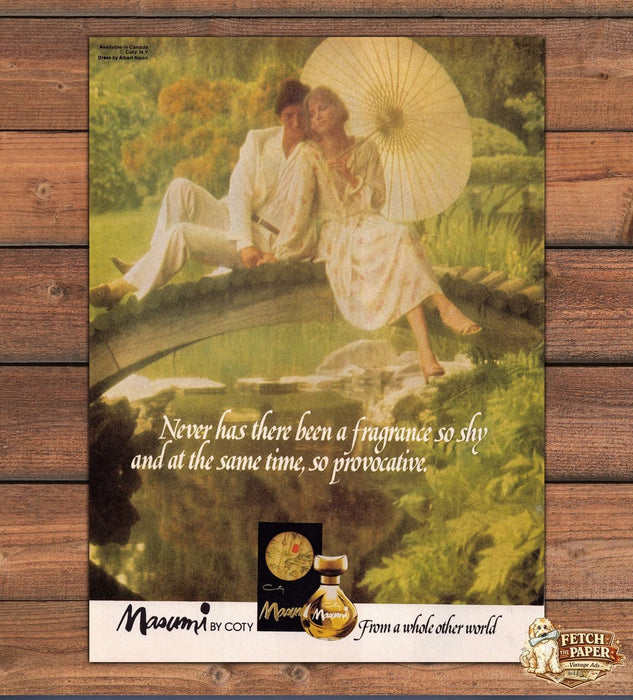 Masumi by Coty Parasol Garden Bridge Couple Kimono Print Ad 1978 1970s