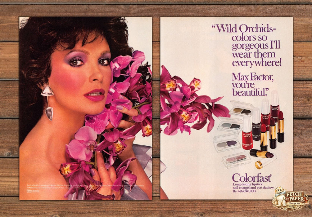 Max Factor Colorfast Jaclyn Smith Wild Orchids Print Ad 1983 1980s (2pgs)