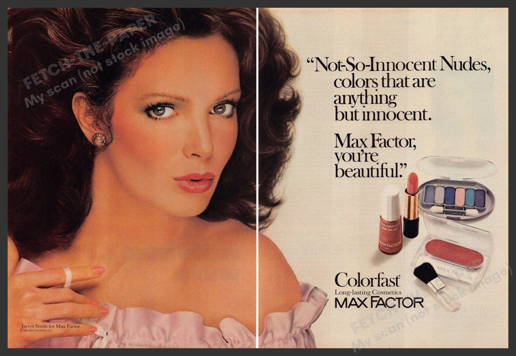 Max Factor Cosmetic 1980s Print Advertisement (2pg centerfold) 1984 Jaclyn Smith Fetch-the-Paper