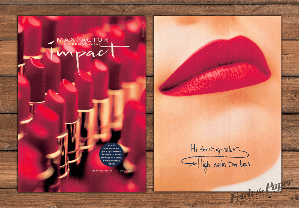 Max Factor Impact Lipstick High Definition Lips Red Print Ad 1993 1990s (2pgs)