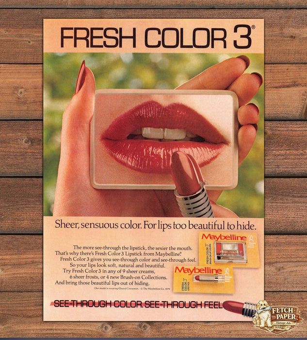 Maybelline Fresh Color 3 Lipstick See Through Lips Mirror Print Ad 1979 1970s