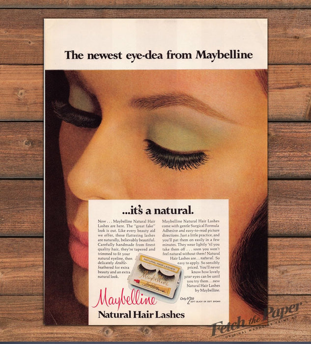 Maybelline Natural Hair Lashes Eye Close-Up Green Shadow Print Ad 1968 1960s