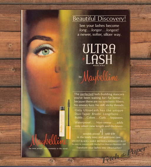 Maybelline Ultra Lash Mascara Green Eye Duo-Taper Brush Print Ad 1964 1960s