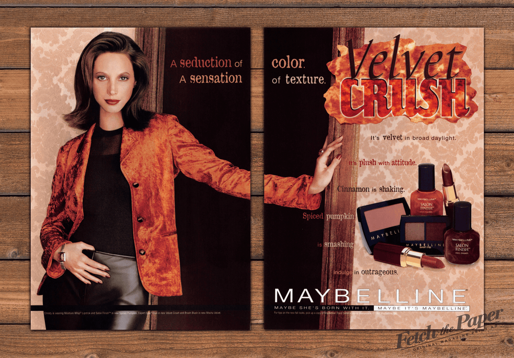 Maybelline Velvet Crush Orange Velvet Jacket Makeup Print Ad 1997 1990s (2pgs)