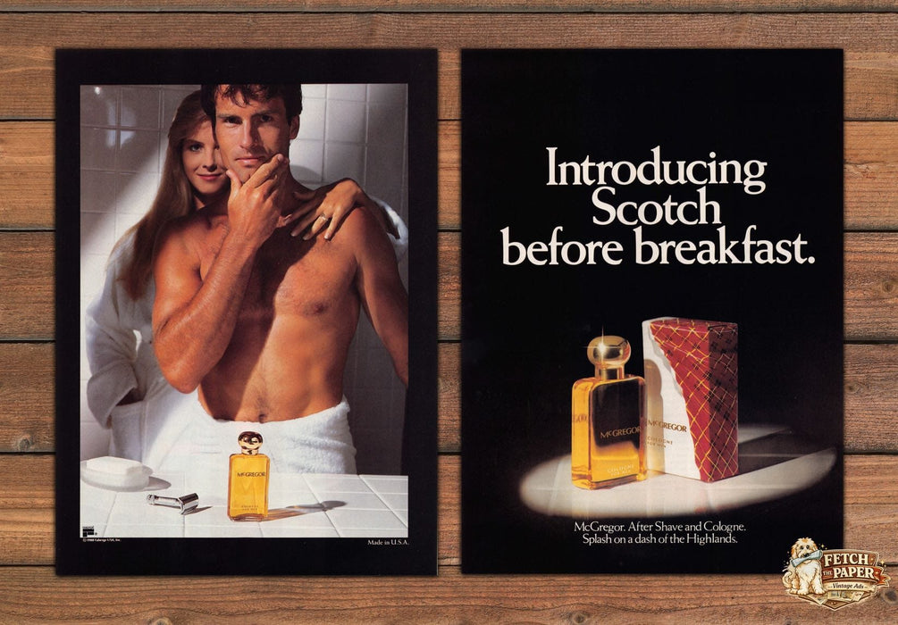 McGregor Cologne Scotch Before Breakfast Towel Couple Print Ad 1988 1980s (2pgs)