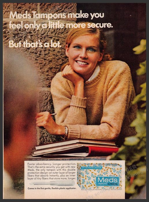Meds Tampons 1960s Print Advertisement Ad 1969 "Feel only a little more secure" Fetch the Paper!