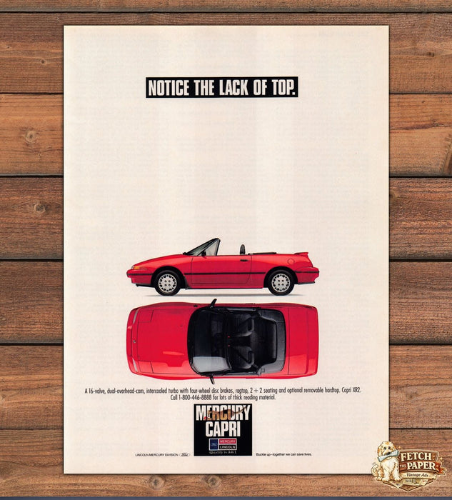 Mercury Capri XR2 Notice Lack Of Top Red Convertible Print Ad 1991 1990s