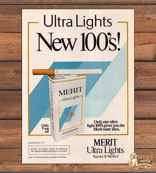 Merit Ultra Lights 100's Cigarettes Low Tar Print Ad 1981 1980s