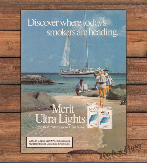 Merit Ultra Lights Cigarettes Sailboat Beach Tropical Island Print Ad 1987 1980s
