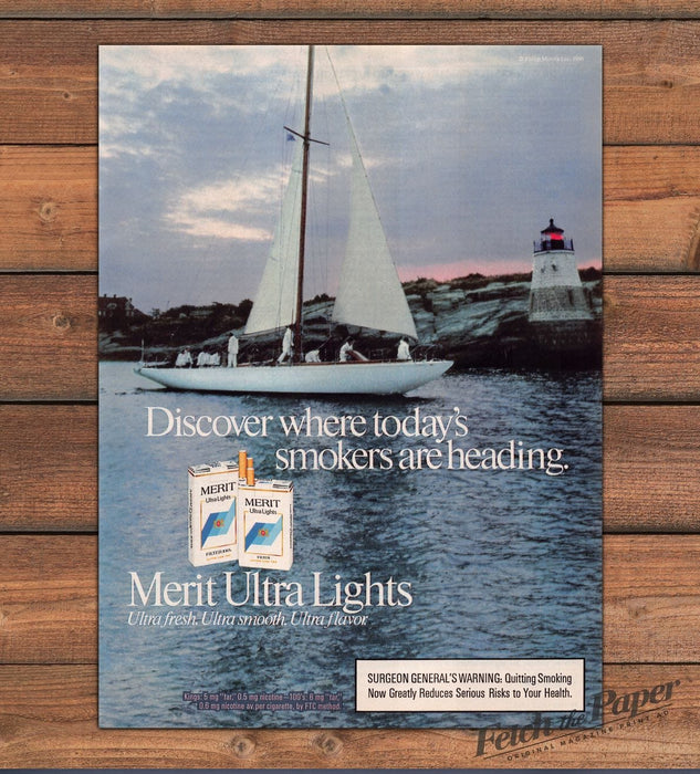 Merit Ultra Lights Cigarettes Sailboat Crew Lighthouse Dusk Print Ad 1987 1980s