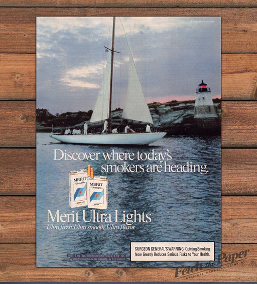 Merit Ultra Lights Cigarettes Sailboat Crew Lighthouse Dusk Print Ad 1987 1980s