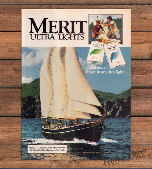 Merit Ultra Lights Cigarettes Schooner Sailing Ship Island Print Ad 1985 1980s