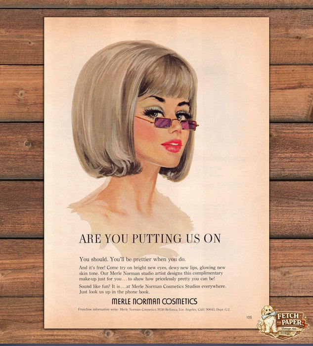 Merle Norman Putting Us On Retro Glasses Illustration Print Ad 1966 1960s