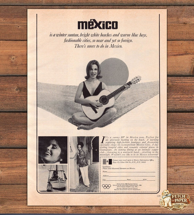 Mexico Winter Suntan Guitar Hammock Beach Fashion Tourism Print Ad 1966 1960s
