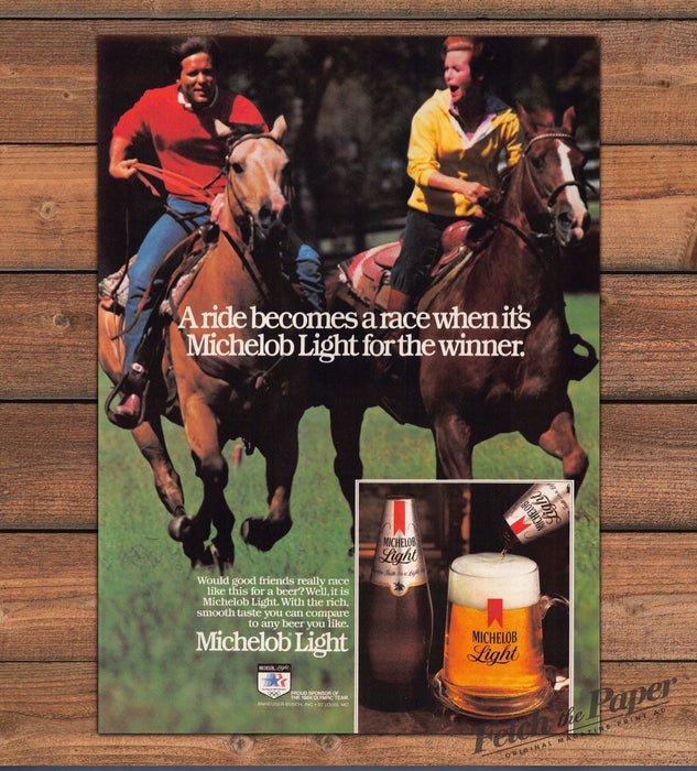 Michelob Light Beer Horseback Race Olympic Couple Riding Print Ad 1983 1980s