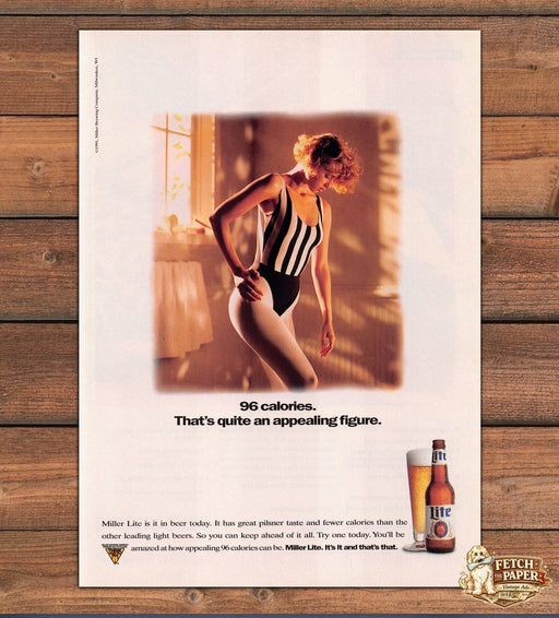 Miller Lite 96 Calories Woman Striped Swimsuit Legs Print Ad 1991 1990s