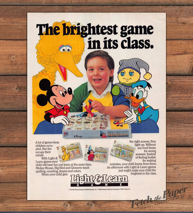 Milton Bradley Light & Learn Mickey Mouse Big Bird Game Print Ad 1987 1980s