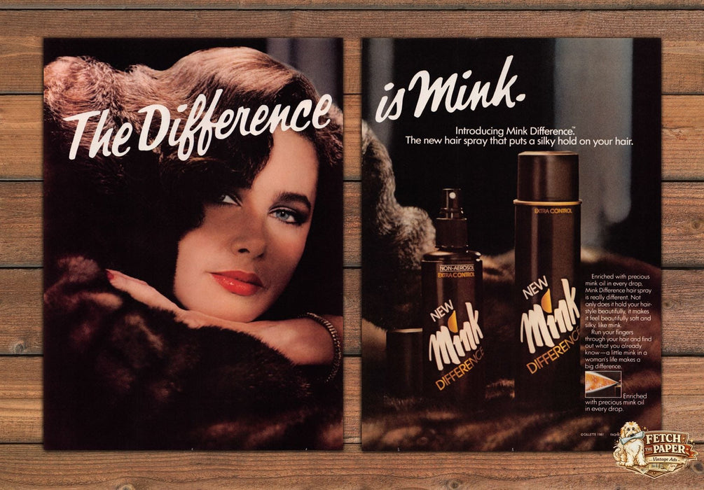 Mink Difference Hair Spray Silk Hold Gillette Beauty Print Ad 1981 1980s (2 pgs)