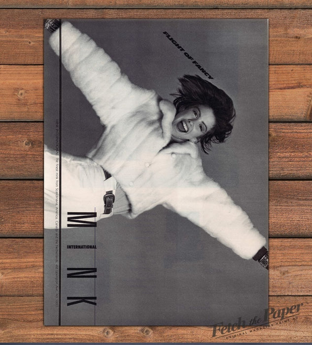 Mink International "Flight of Fancy" White Fur Jacket Woman Print Ad 1985 1980s