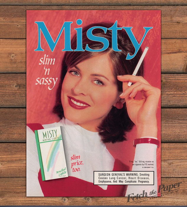 Misty Menthol Lights Slims "slim 'n sassy" Brunette Model Print Ad 1996 1990s