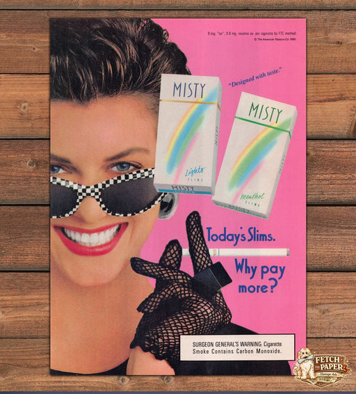Misty Slims Designed with Taste Checkered Sunglasses Fishnet Print Ad 1990 1990s
