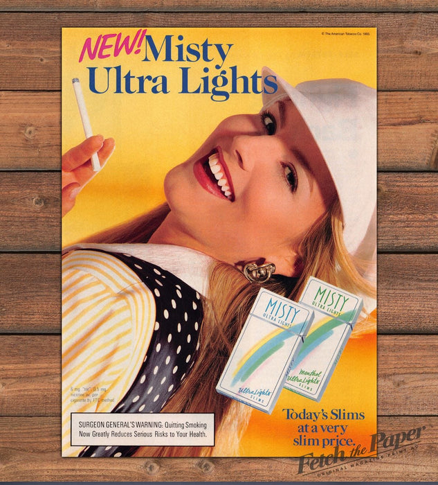 Misty Ultra Lights Blonde Woman White Hat Yellow Cigarette Print Ad 1993 1990s