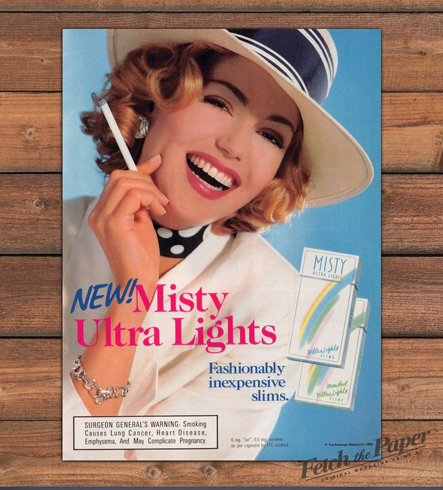 Misty Ultra Lights Redhead Woman Striped Hat Blue Cigarette Print Ad 1993 1990s