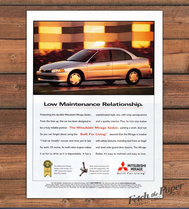 Mitsubishi Mirage Sedan Low Maintenance Relationship Print Ad 1997 1990s