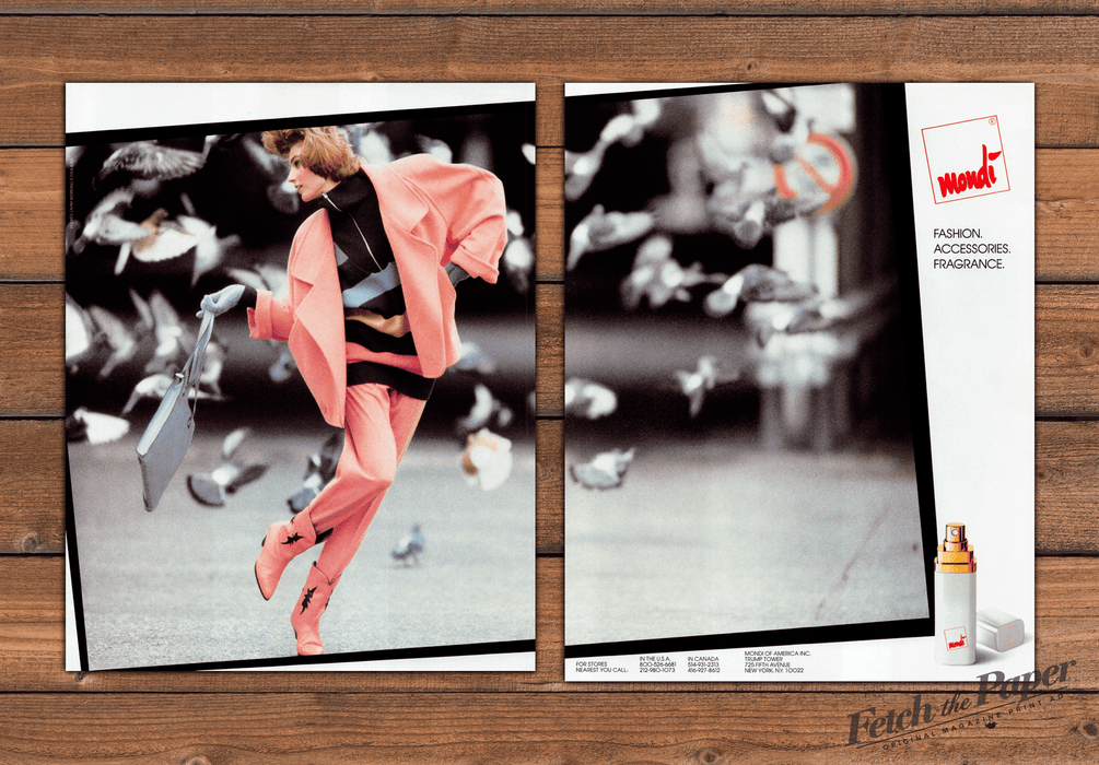 Mondi Fashion Pigeons Working Woman City Street Chic Print Ad 1986 1980s (2pgs)