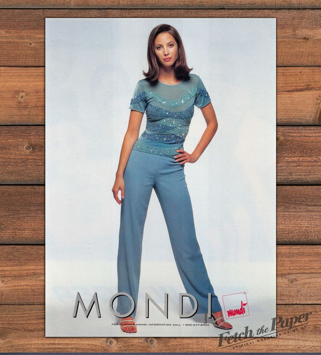 Mondi Model Christy Turlington in Blue Beaded Top and Pants Print Ad 1998 1990s