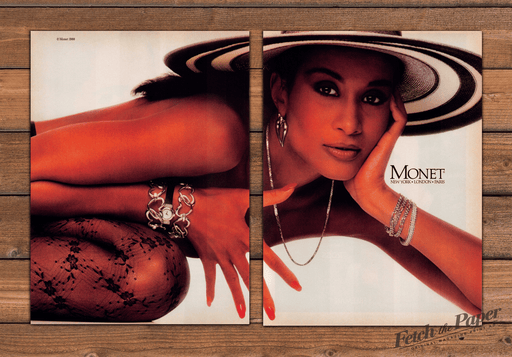 Monet Jewelry Iman Model Striped Hat Heart Watch Print Ad 1988 1980s (2pgs)