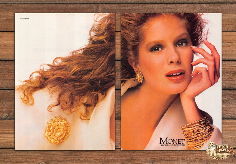 Monet Rachel Hunter Jewelry Sunflower Earrings Print Ad 1988 1980s (2pgs)
