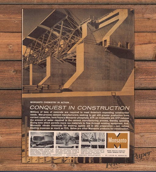 Monsanto Conquest In Construction Concrete Dam Sepia Print Ad 1959 1950s