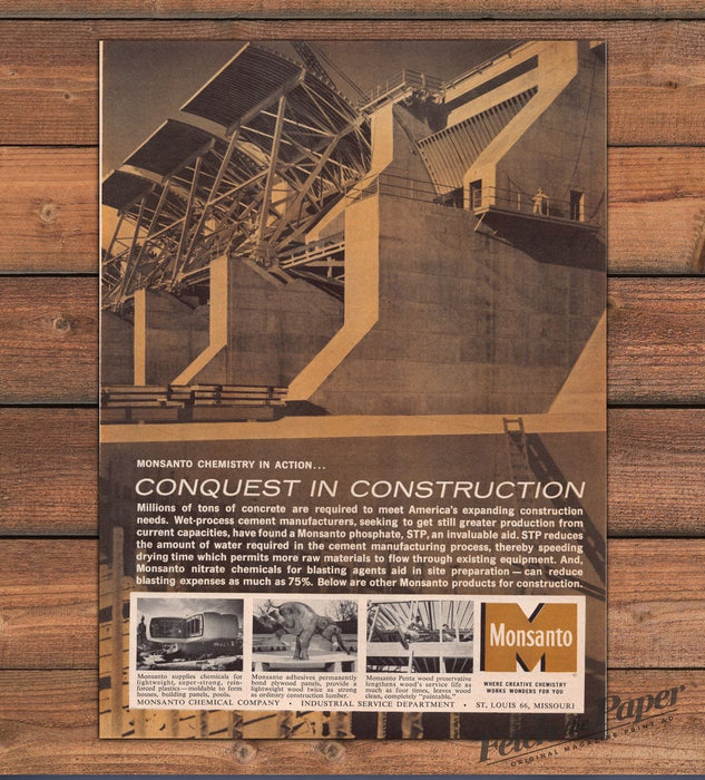 Monsanto Conquest In Construction Concrete Dam Sepia Print Ad 1959 1950s